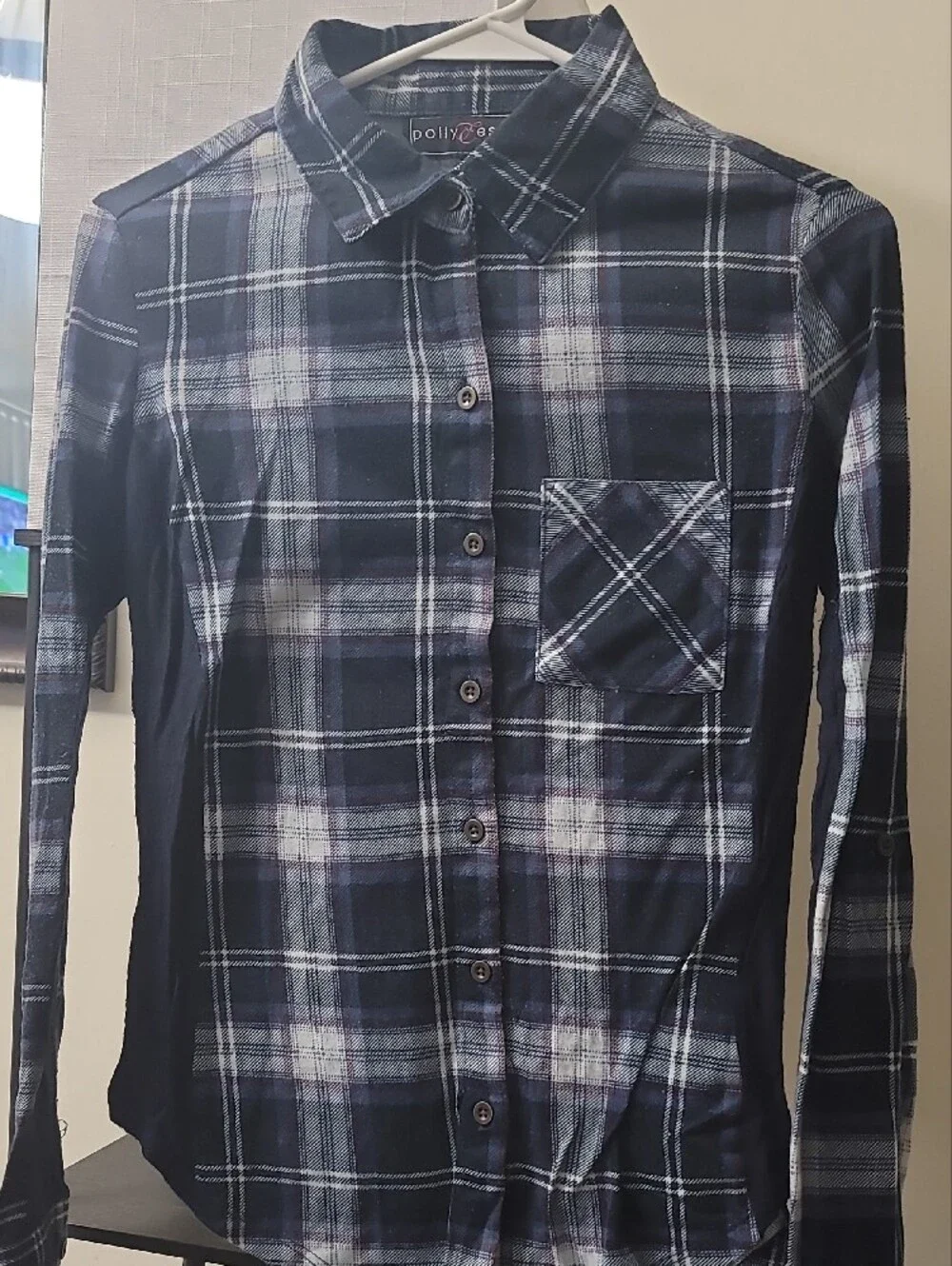 Polly & Esther Navy, White and Light Blue Plaid Button-Up Shirt - Picture 2 of 7